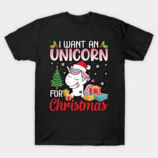 Unicorn Dabbin Snow Tree I Want An Unicorn For Christmas Day T-Shirt